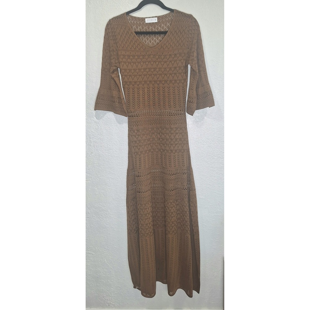 Knit Mix Brown Crochet Maxi Dress V-Neck 3/4 Bell Sleeve Boho Open Knit Medium